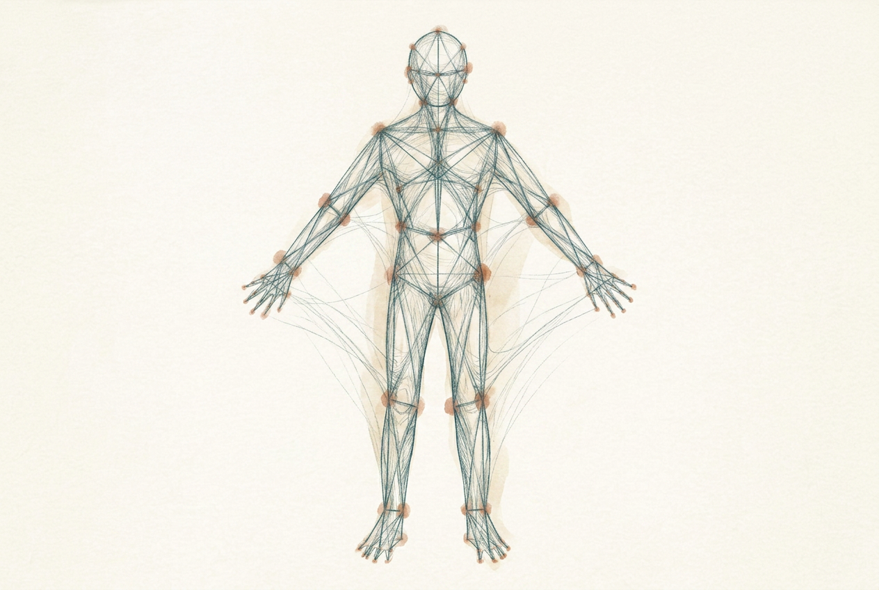 Delicate ink-and-watercolor tensegrity sketch of a standing body with soft joint markers and faint tension lines