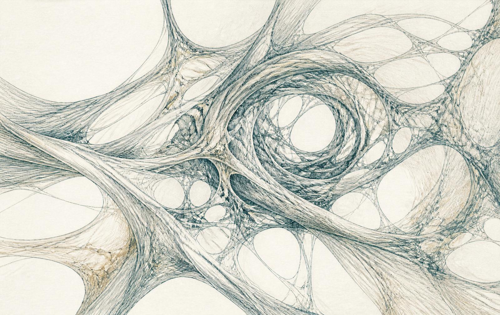 Delicate sketch of fascia as a continuous web of interwoven tissues threading through the body