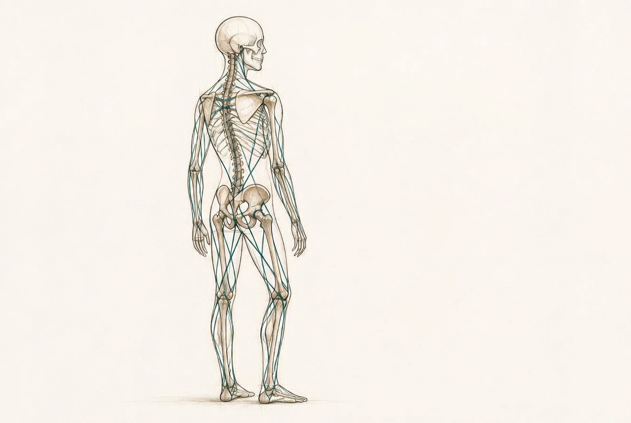 Elegant standing body sketch showing the whole body as a connected tensegrity structure